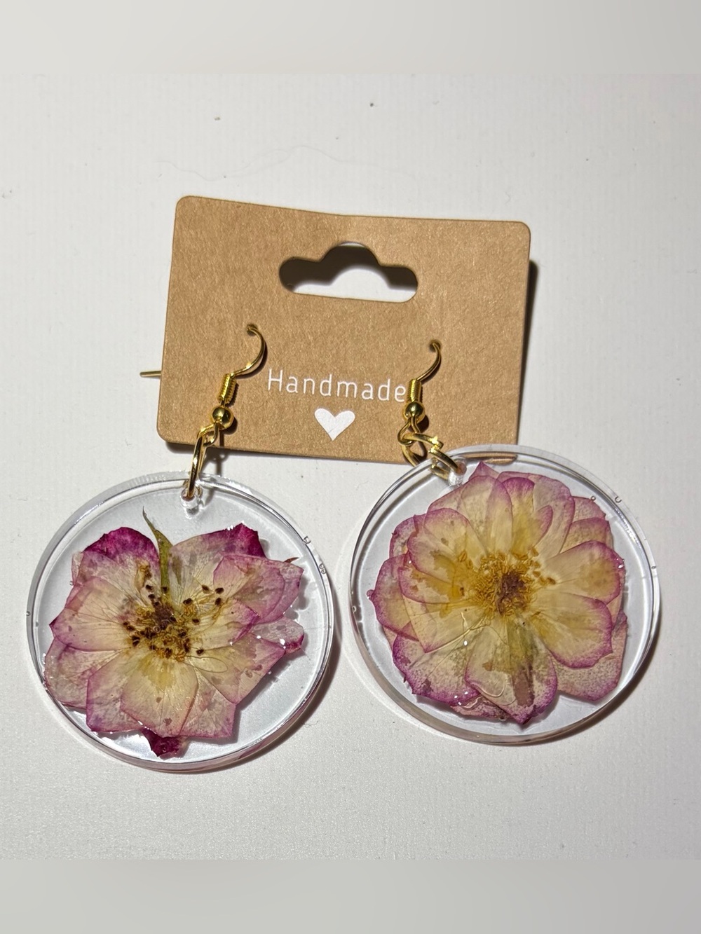 Pink & Cream Pressed Flower Drop Earrings
